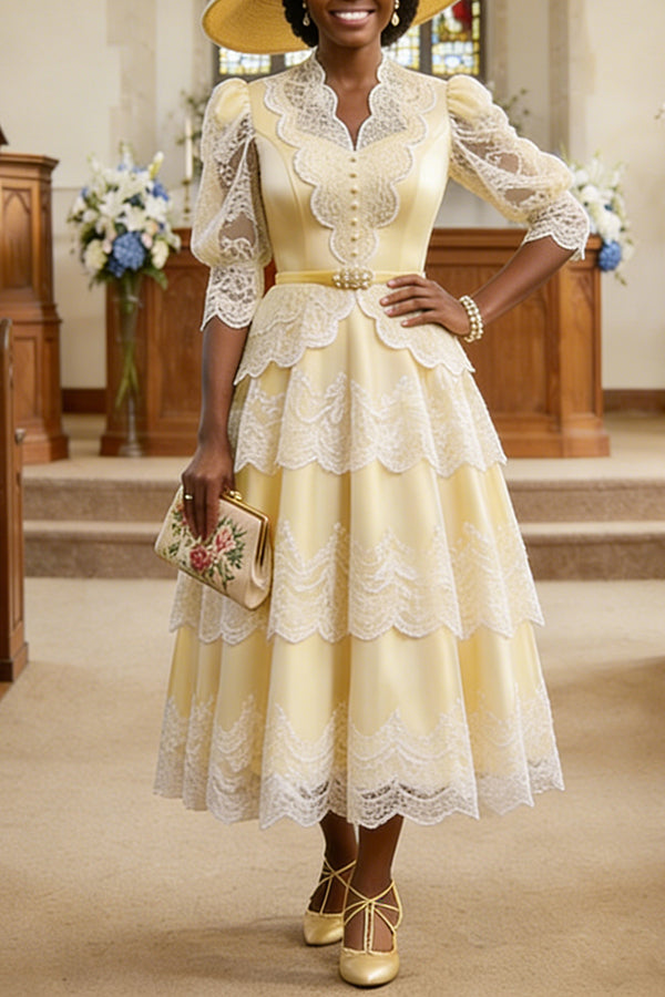 Elegant Layered Lace Patchwork Puff Sleeve Easter Dress