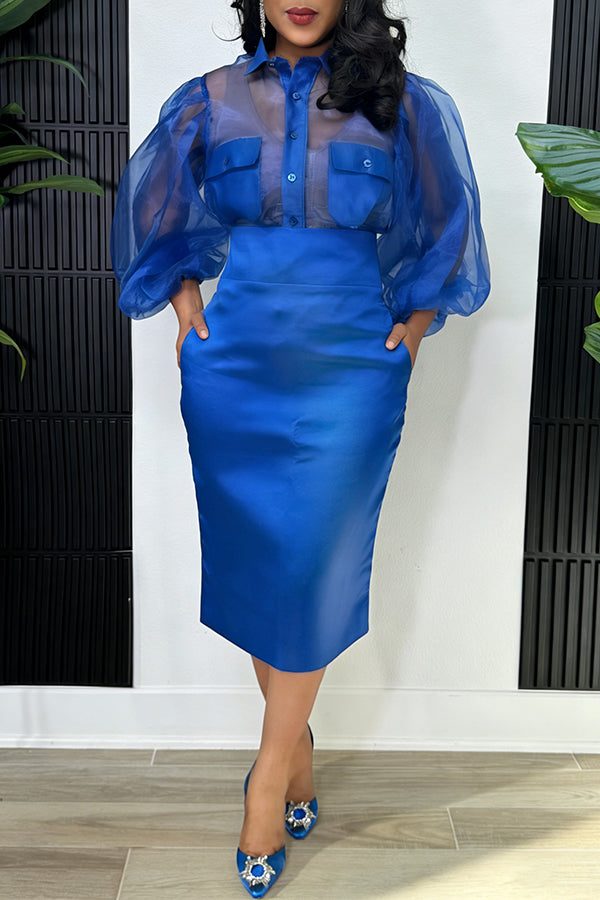 Elegant Sheer Blouse & Pencil Skirt Set