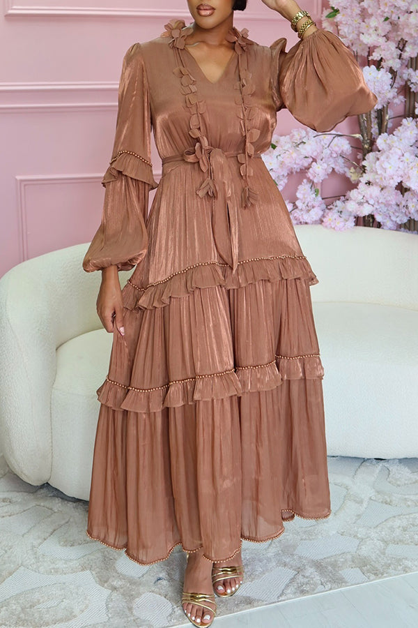Elegant Layered Ruffle Lantern Sleeve Maxi Dress