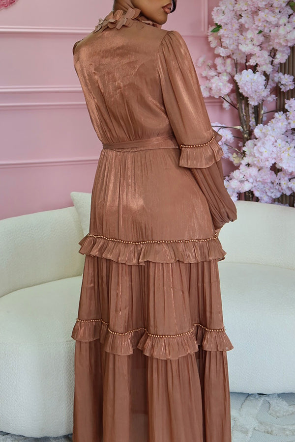 Elegant Layered Ruffle Lantern Sleeve Maxi Dress