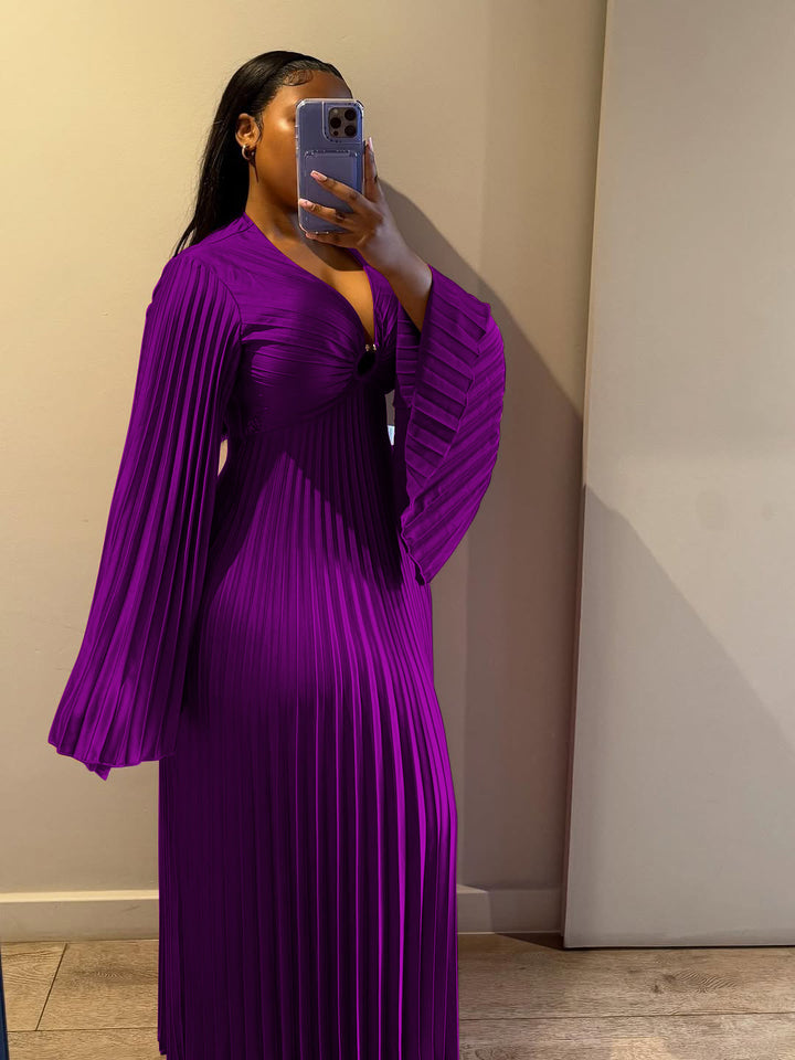 Stylish And Elegant V-Neck Pleated Dress