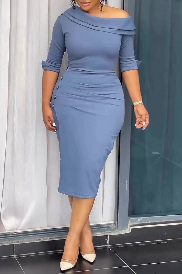 Vintage Oblique Shoulder Breasted Side Dress