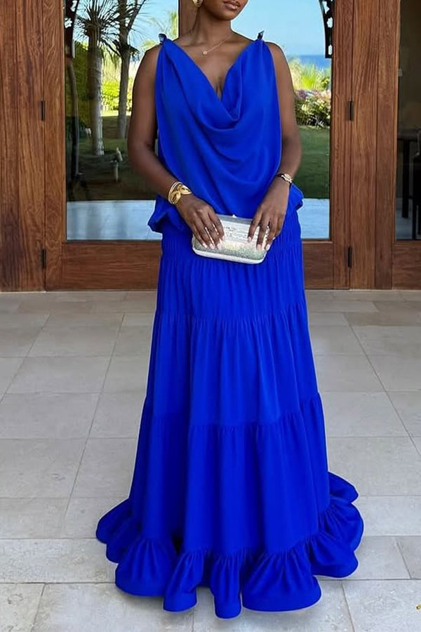 Stylish Draped Collar Top & Skirt Set