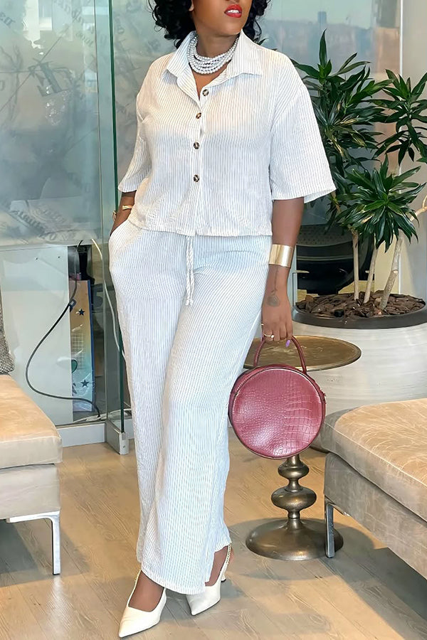 Vintage Striped Single Breasted Top & Straight Leg Pants Set
