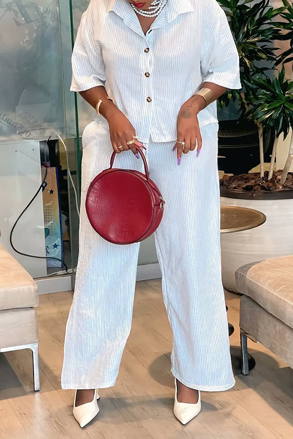 Vintage Striped Single Breasted Top & Straight Leg Pants Set
