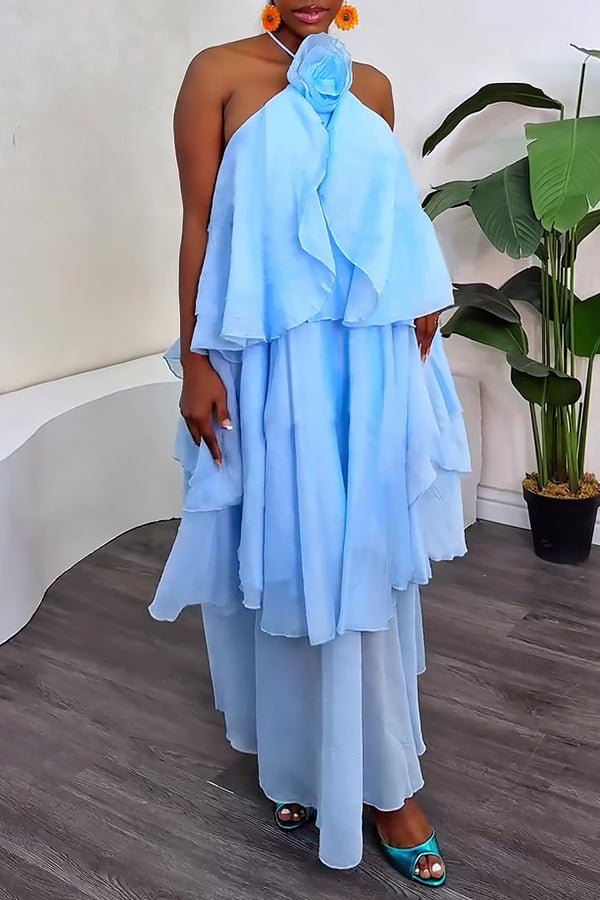 Vacation Chiffon Layered Hem Halter Dress