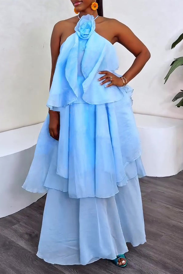 Vacation Chiffon Layered Hem Halter Dress