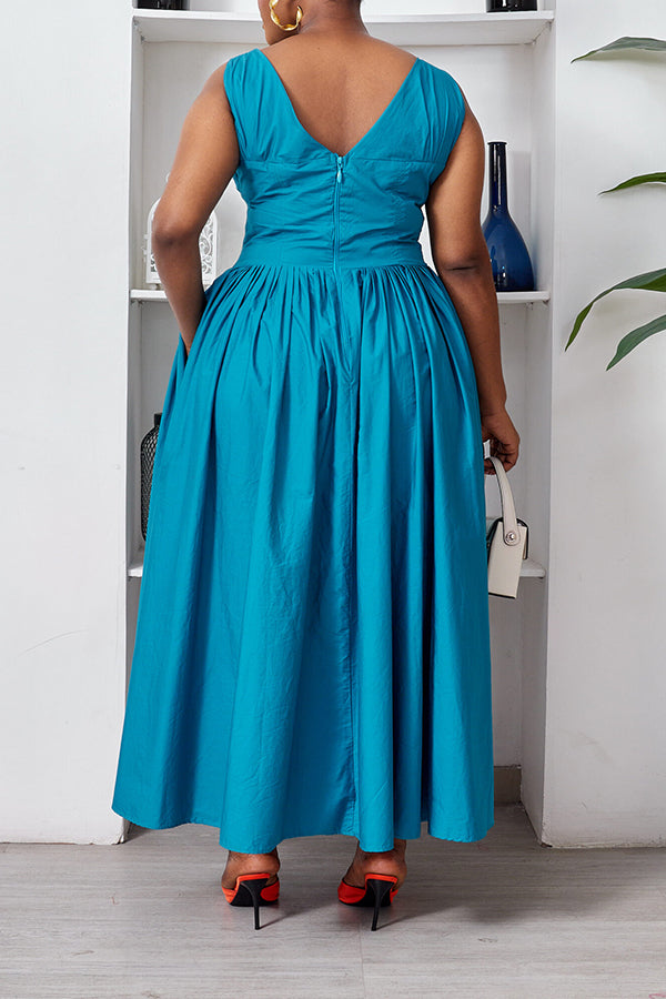 Chic V-Neck Pleated Ruffle Hem Dress 