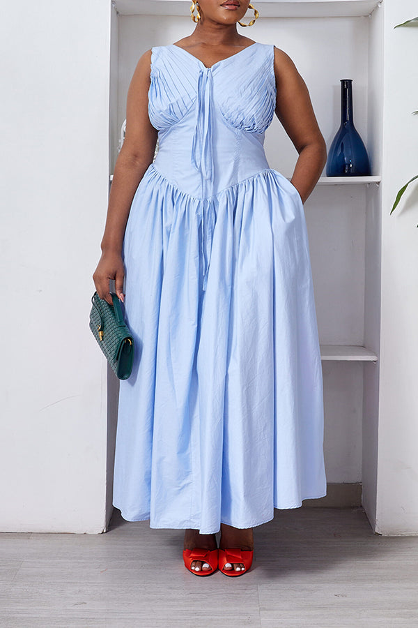 Chic V-Neck Pleated Ruffle Hem Dress 