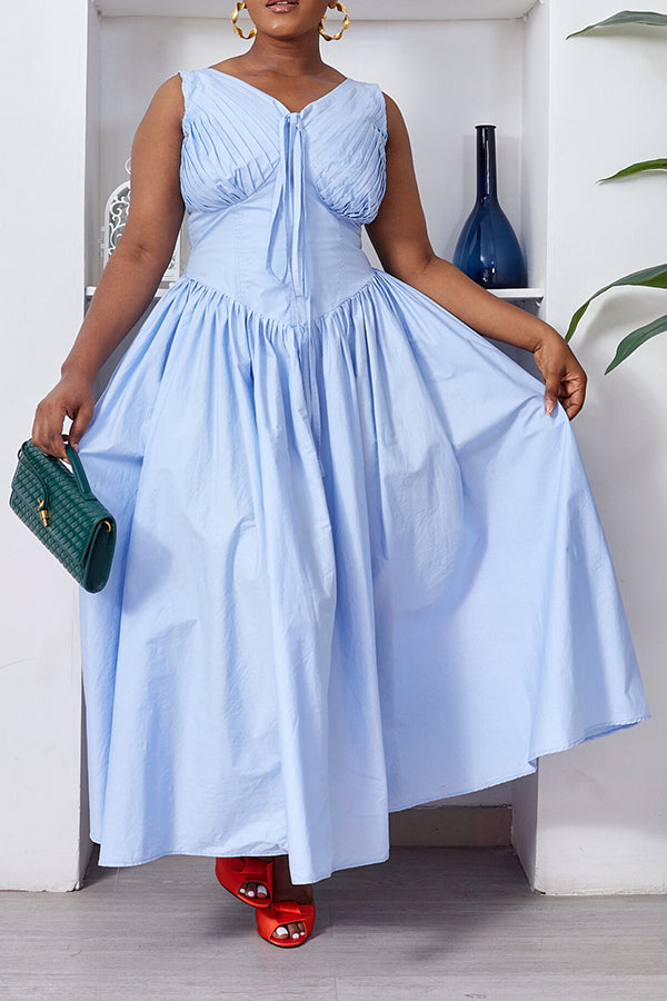 Chic V-Neck Pleated Ruffle Hem Dress 
