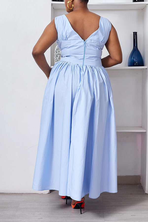 Chic V-Neck Pleated Ruffle Hem Dress 