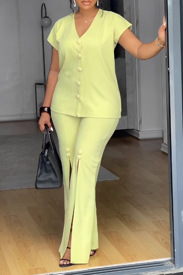 Chic V-Neck Top & Split Hem Pants Set