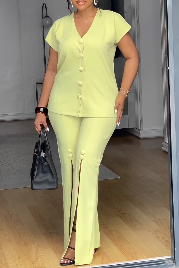 Chic V-Neck Top & Split Hem Pants Set