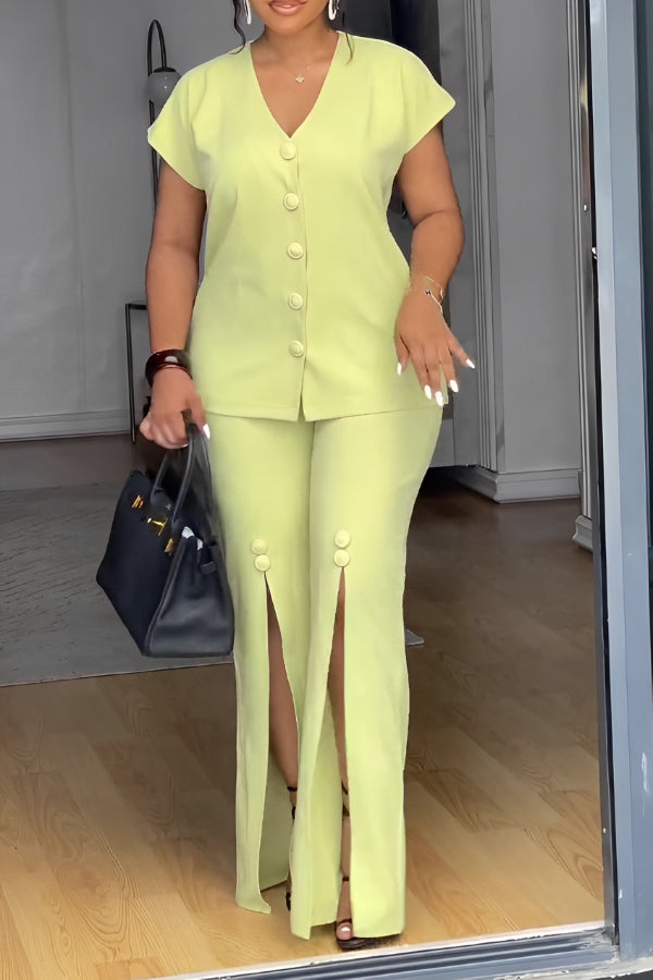 Chic V-Neck Top & Split Hem Pants Set