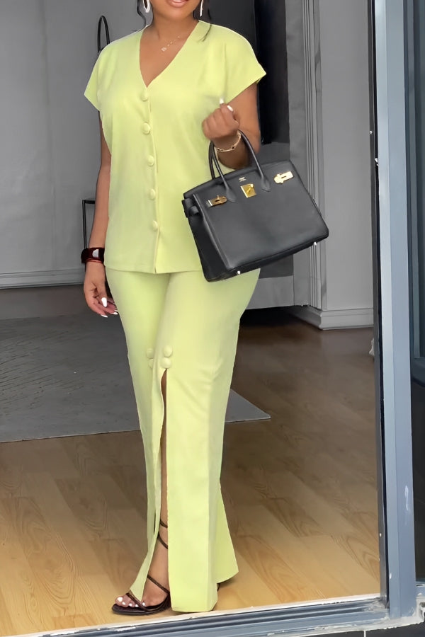 Chic V-Neck Top & Split Hem Pants Set