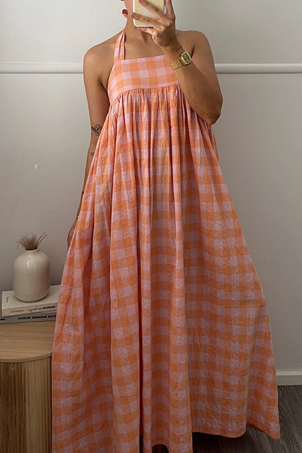 Vacation Plaid Halter Midi Dress