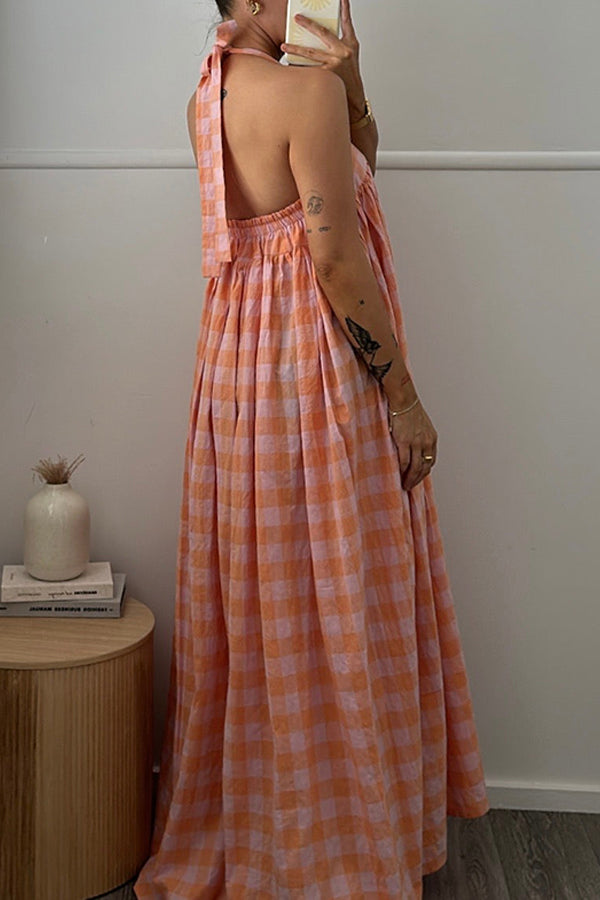 Vacation Plaid Halter Midi Dress