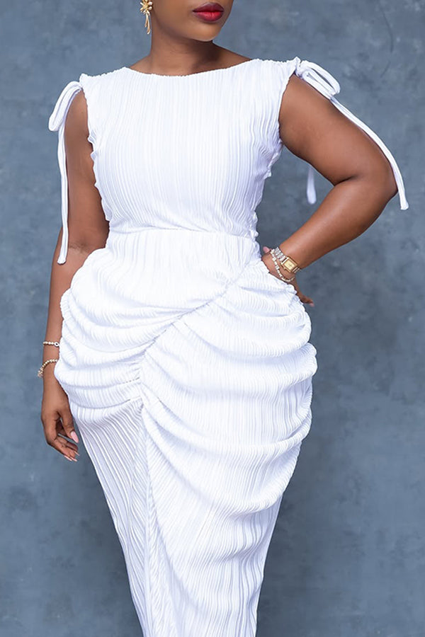 Retro Drawstring Shoulder Ruched Dress