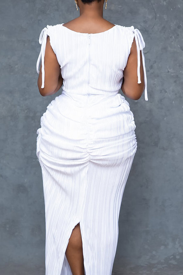 Retro Drawstring Shoulder Ruched Dress