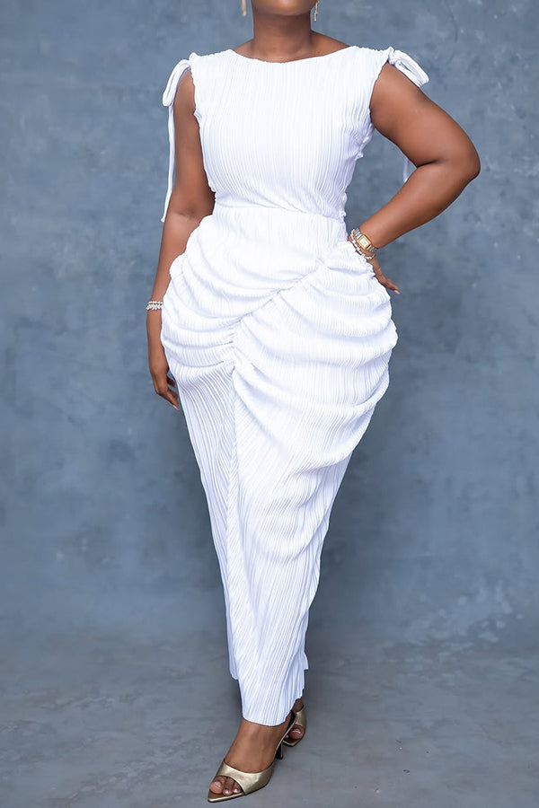 Retro Drawstring Shoulder Ruched Dress