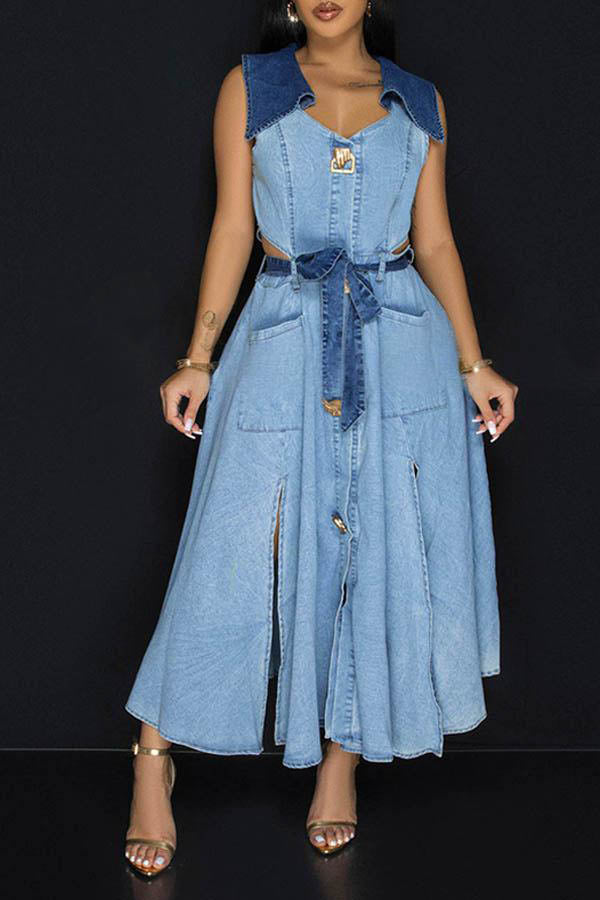 Stylish Colorblock Lapel Collar Belted Dress