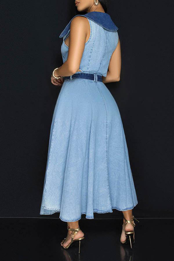 Stylish Colorblock Lapel Collar Belted Dress