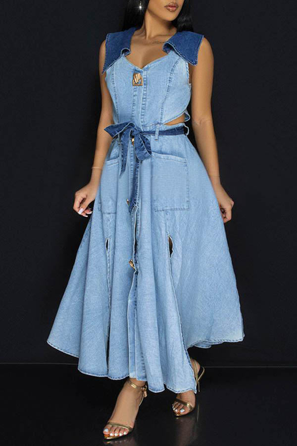 Stylish Colorblock Lapel Collar Belted Dress