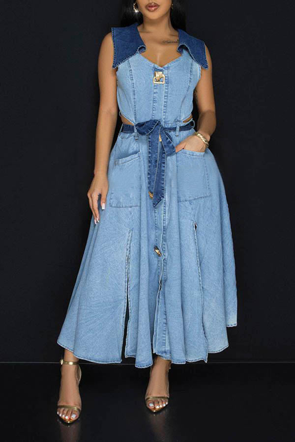 Stylish Colorblock Lapel Collar Belted Dress
