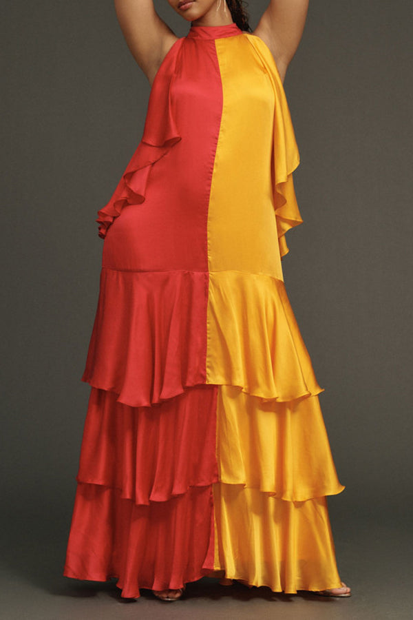 Vintage Mock-Neck Two Tone Colorblock Ruffle Dress