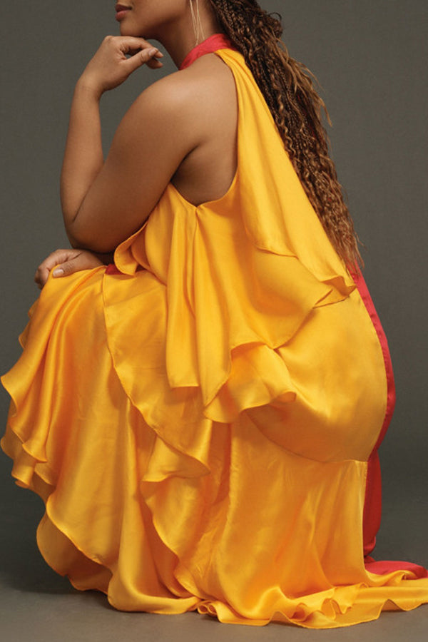 Vintage Mock-Neck Two Tone Colorblock Ruffle Dress