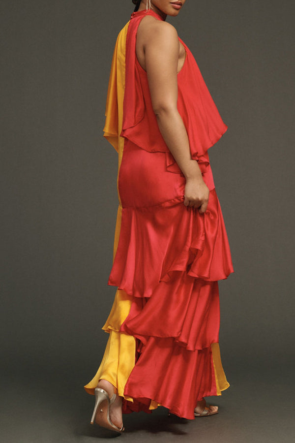 Vintage Mock-Neck Two Tone Colorblock Ruffle Dress