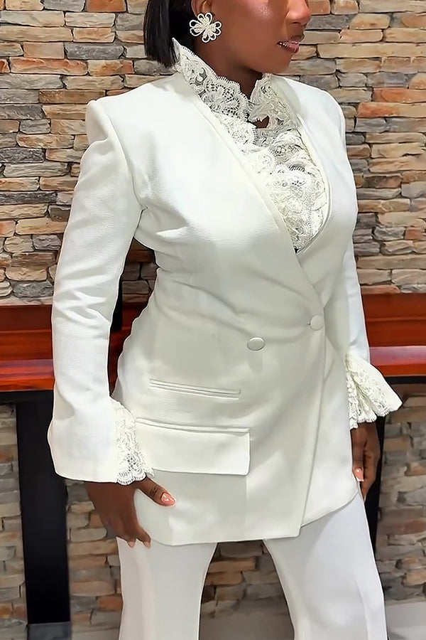 Romantic Contrast Lace Double Breasted Blazer & Pants Set