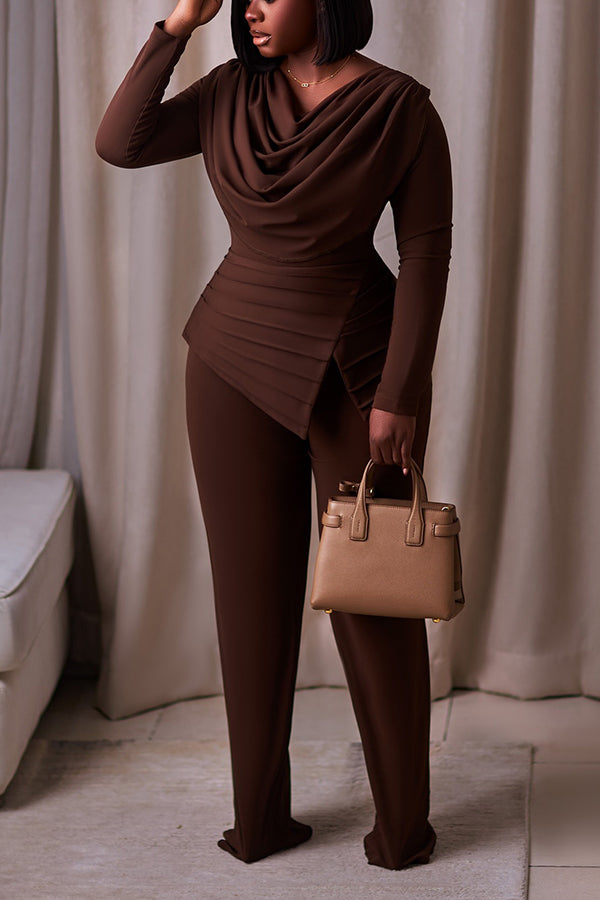 Fashion Ruched Collar Top & Pants Set