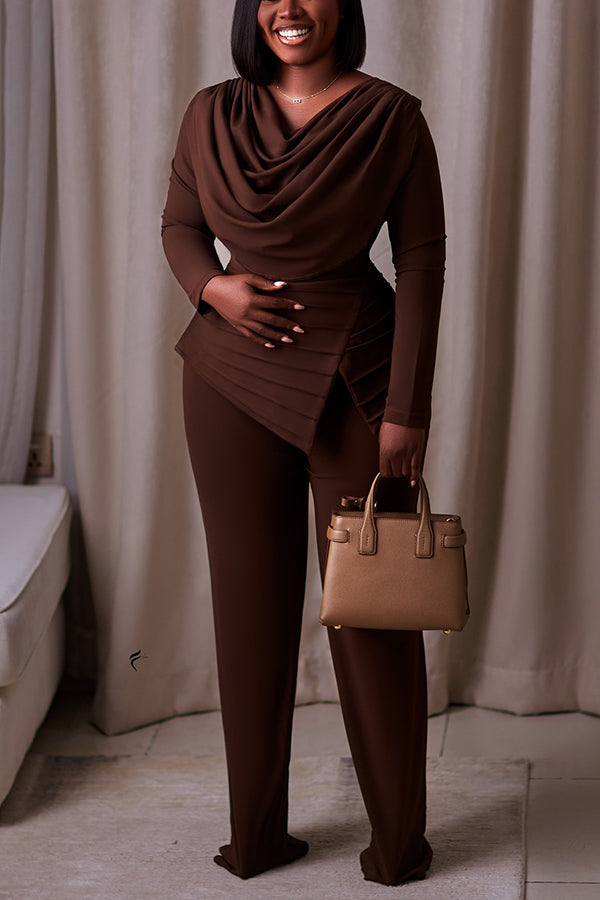 Fashion Ruched Collar Top & Pants Set