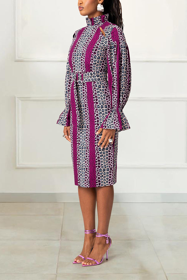 Chic Abstract Print Flounce Sleeve Dress