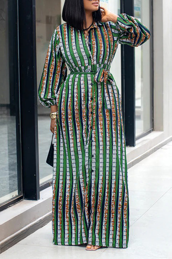 Stylish Striped Lantern Sleeve Shirt Dress