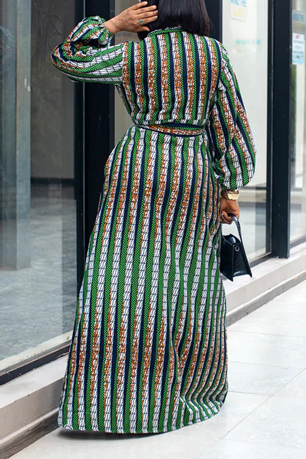 Stylish Striped Lantern Sleeve Shirt Dress