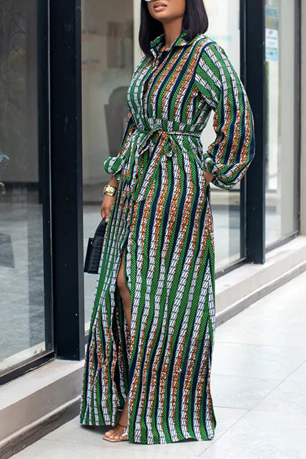 Stylish Striped Lantern Sleeve Shirt Dress