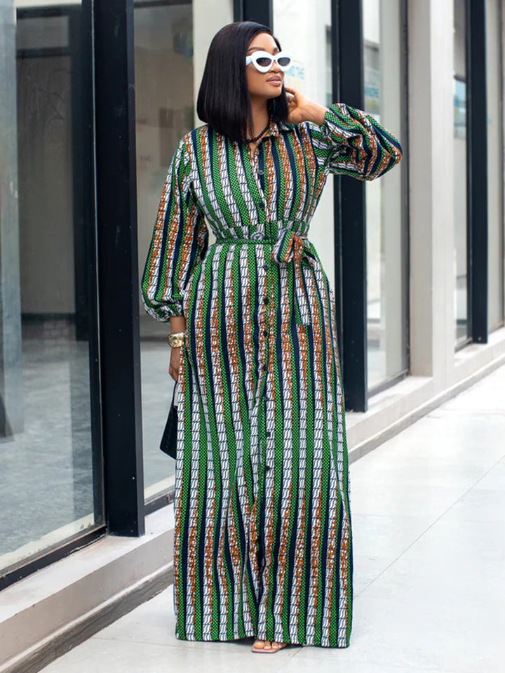 Stylish Striped Lantern Sleeve Shirt Dress