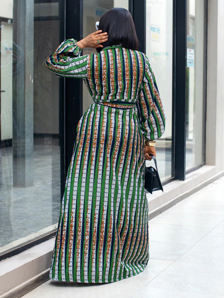 Stylish Striped Lantern Sleeve Shirt Dress