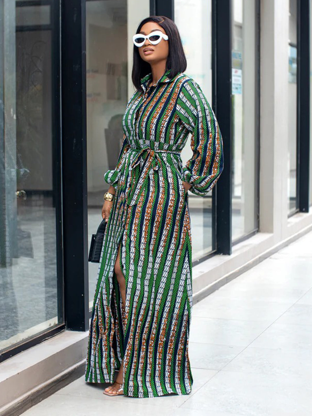 Stylish Striped Lantern Sleeve Shirt Dress