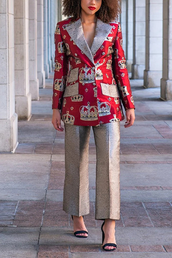 Retro Crown Print Blazer & Pants Set 