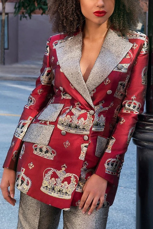 Retro Crown Print Blazer & Pants Set 