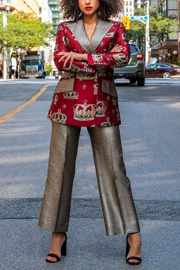 Retro Crown Print Blazer & Pants Set 