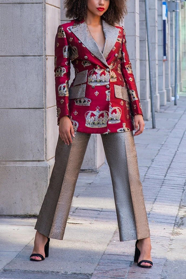 Retro Crown Print Blazer & Pants Set 