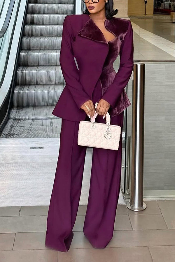 Stylish Contrast Velvet Blazer & Pants Set