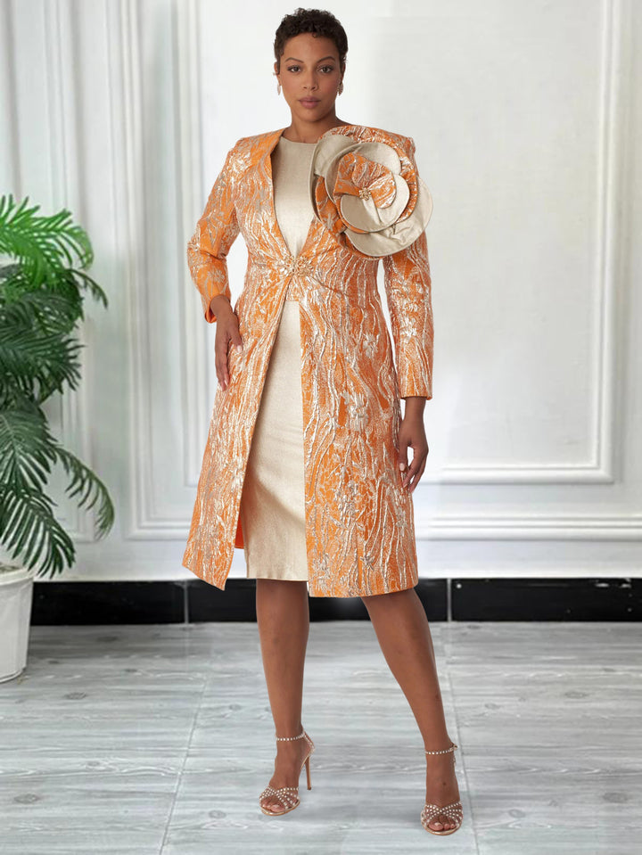 Elegant 3D Floral Allover Print Outerwaer & Dress Set