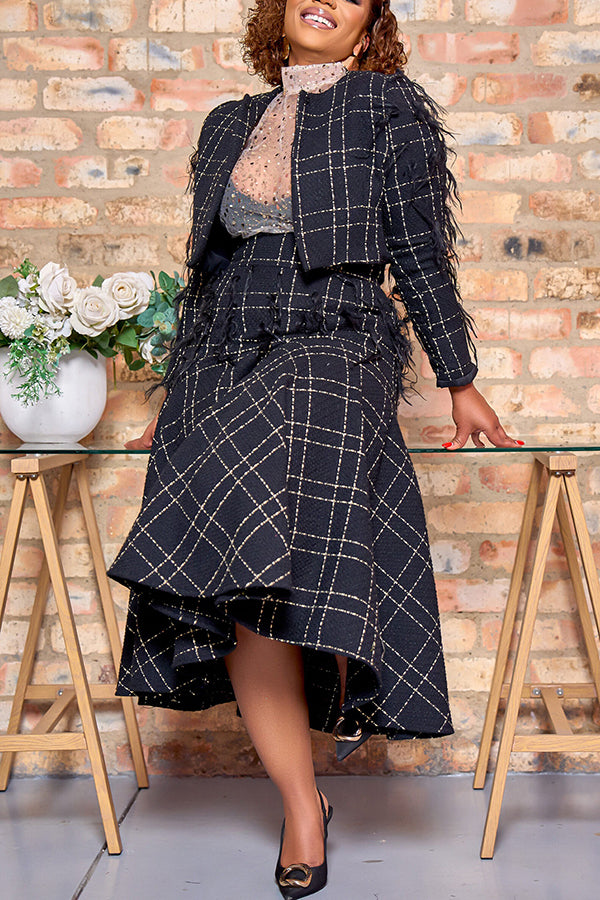 Stylish Plaid Feather Blazer & Skirt Set 