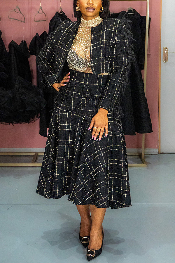Stylish Plaid Feather Blazer & Skirt Set 