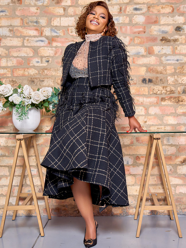 Stylish Plaid Feather Blazer & Skirt Set 